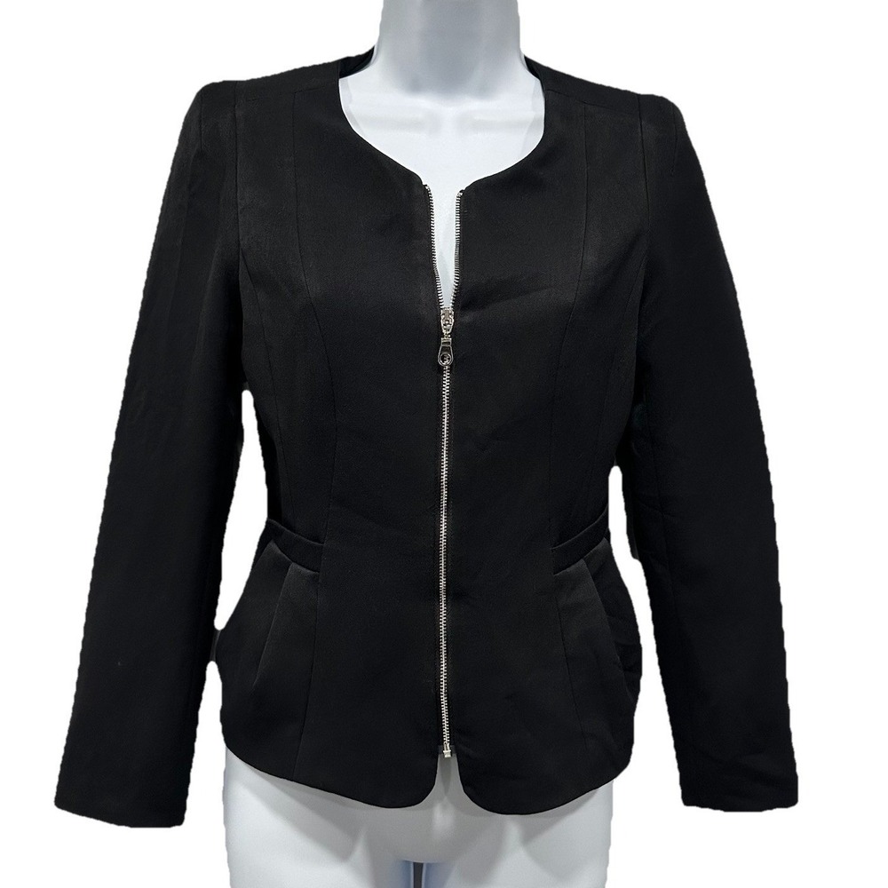 H&M Short Blazer Women Size 4 Black Full Zip Lining Pockets Long Sleeves